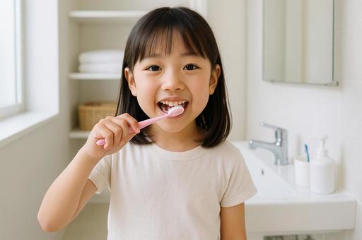 洗面所で歯磨きをする女の子 洗面所で歯磨きをする女の子の写真