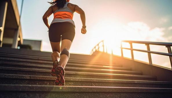階段を駆け上がる日本人の女性ランナー 階段を駆け上がる日本人の女性ランナーの写真