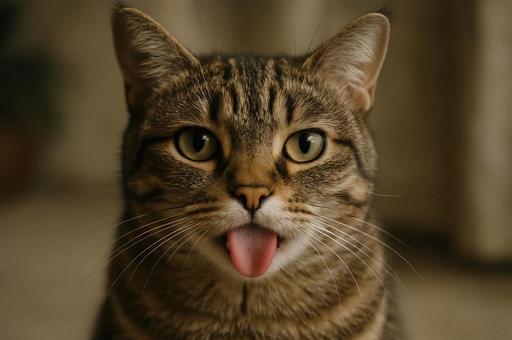 舌を出す猫の顔アップ 舌を出す猫の顔アップの写真
