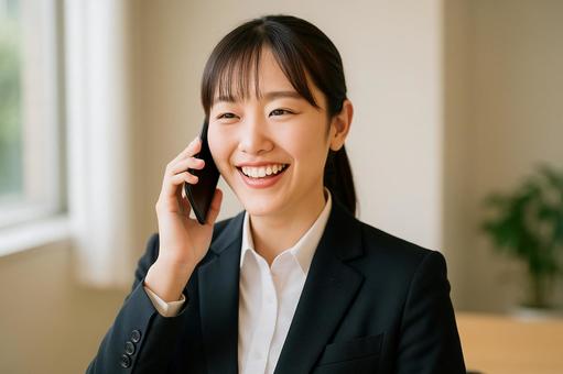 面接結果電話受け取る就活生 面接結果電話受け取る就活生の写真