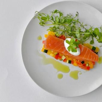 サーモンマリネと夏野菜のタブレ サーモンマリネと夏野菜のタブレの写真