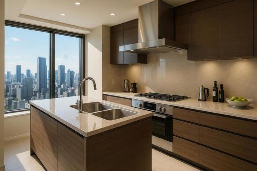 モデルルームの高級キッチンと窓辺の写真