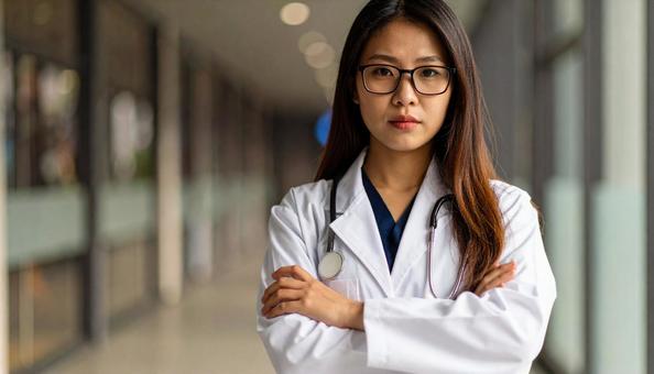 厳しい表情の女性医師 厳しい表情の女性医師の写真