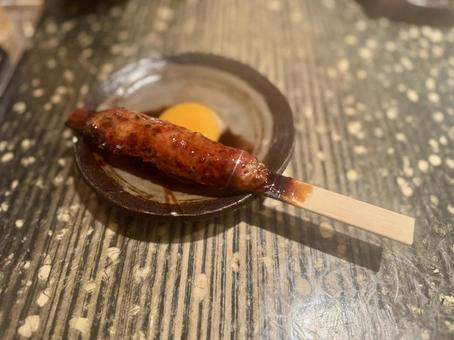 つくねと卵黄 つくね,卵黄,焼き鳥の写真素材