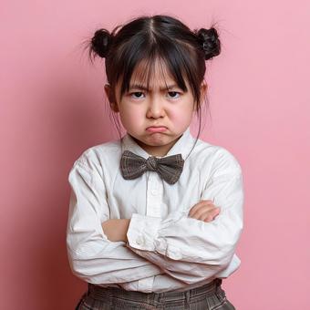 腕組みしてふくれっ面の少女 腕組みしてふくれっ面の少女の写真