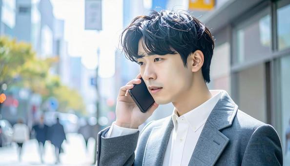 困った表情で電話する若者の写真