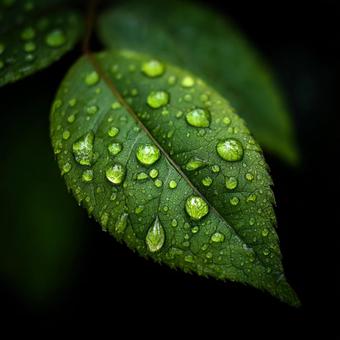 雨上がりの静寂：葉に残る水滴の輝きの写真