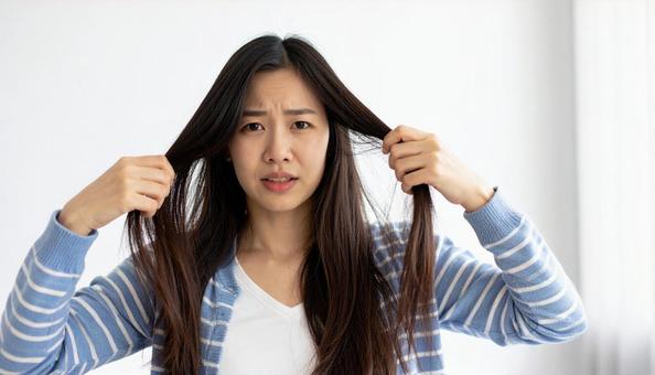 湿気で広がる髪に悩む女性 湿気で広がる髪に悩む女性の写真
