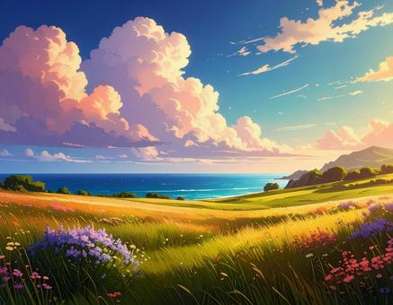 A view of the flowered hills and the sea, mountain, mound, grassland, JPG