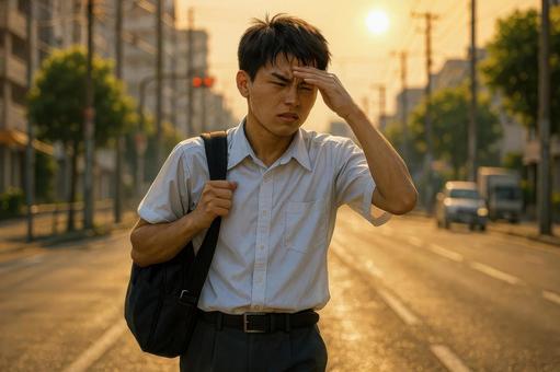 夏の通学路を歩く学生 夏の通学路を歩く学生の写真