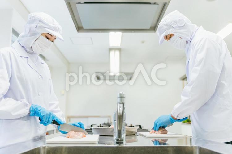 食品加工の仕事をする男女 食品加工,精肉加工,肉の写真素材
