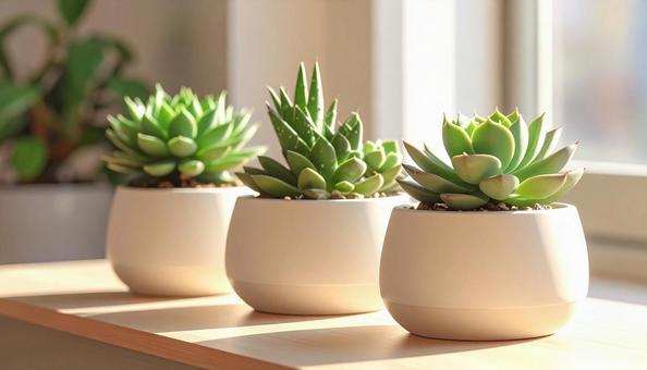 窓辺に置かれた3つの多肉植物の写真
