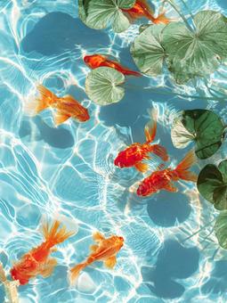 金魚と水草と波模様 金魚と水草と波模様の写真