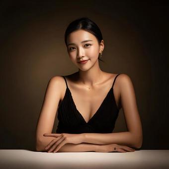 黒いトップスの日焼けした女性 黒いトップスの日焼けした女性の写真