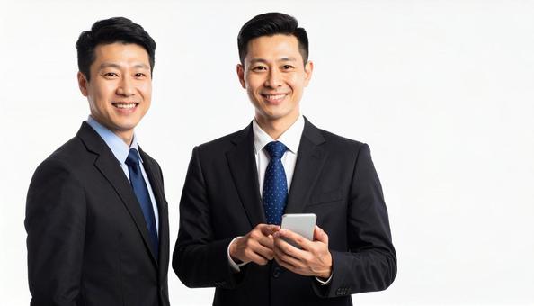 スマホを片手に立つビジネスマンと同僚 スマホを片手に立つビジネスマンと同僚の写真