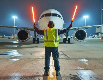 空港で飛行機を誘導するマーシャラー 空港で飛行機を誘導するマーシャラーの写真
