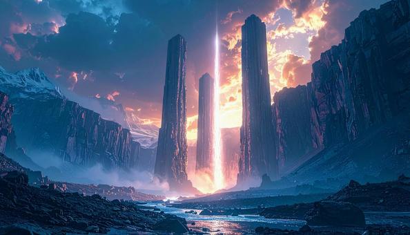光の柱が立つ幻想的な岩山の風景 光の柱が立つ幻想的な岩山の風景の写真