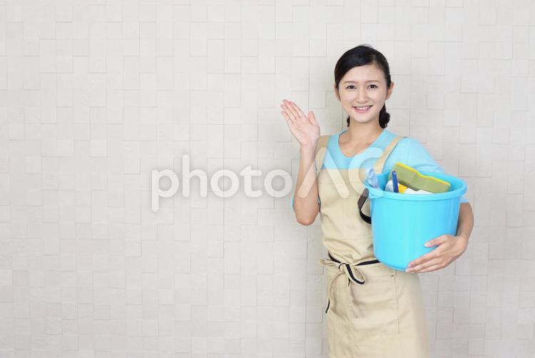 掃除用具を持つ笑顔の女性 女性,女,主婦の写真素材