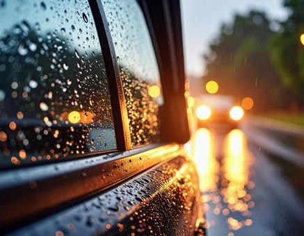 雨に濡れる車とヘッドライトの写真