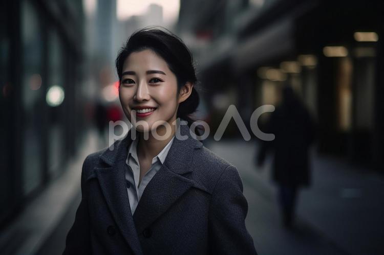 ビジネス街を歩く微笑むオフィスレディ 女性,屋外,人物の写真素材
