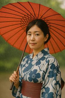 和傘を差した和服姿の女性 和傘を差した和服姿の女性の写真