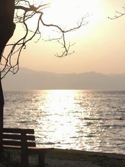 Photo, lake biwa, bench, that bench, 