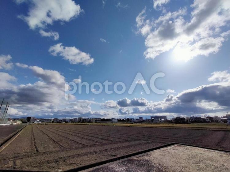 青空と冬の田んぼ 青空,快晴,雲の写真素材