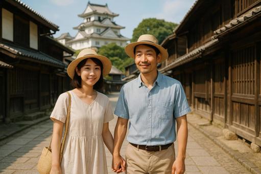 城下町を歩く夫婦旅行者 城下町を歩く夫婦旅行者の写真