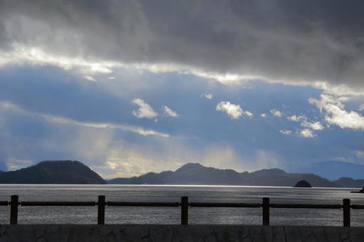 The islands of the Seto Inland Sea seen through the fence of Okunoshima, JPG