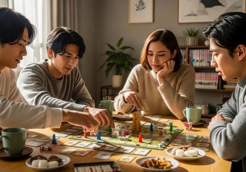 若者が和室でカードゲームを楽しむ様子 若者が和室でカードゲームを楽しむ様子の写真