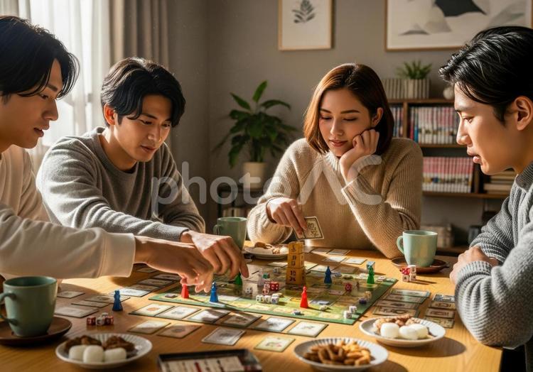 若者が和室でカードゲームを楽しむ様子 友人,若者,グループの写真素材