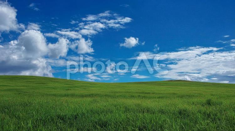 青空と緑の丘陵が広がる雄大な風景 青空,空,緑の写真素材