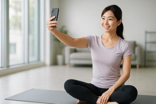 スマホで自撮りする女性 スマホで自撮りする女性の写真