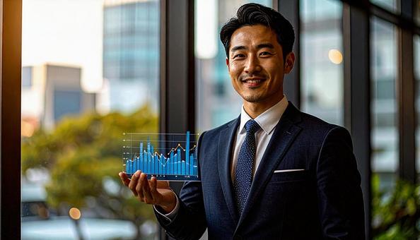 右上がりのグラフを片手に持つビジネスマンの写真