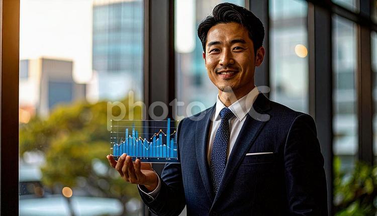 右上がりのグラフを片手に持つビジネスマン 右上がり,成長,グラフの写真素材