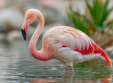 水面に立つ、長い首が特徴的なフラミンゴ 水面に立つ、長い首が特徴的なフラミンゴの写真