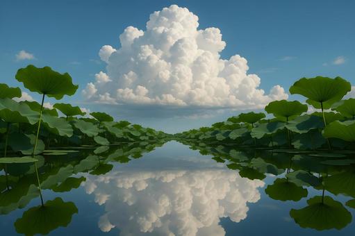 蓮葉と白雲の水鏡 蓮葉と白雲の水鏡の写真
