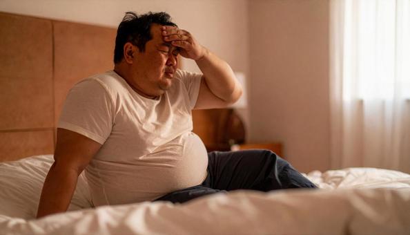 肥満で疲れやすく、額に手をやる男性 肥満で疲れやすく、額に手をやる男性の写真