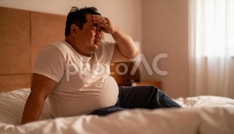 肥満で疲れやすく、額に手をやる男性 太い,デブ,大きいの写真素材