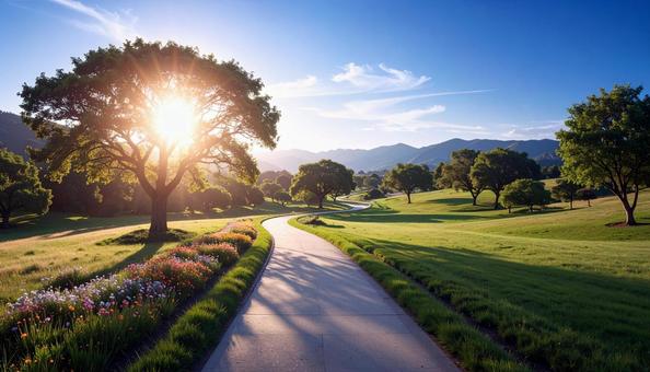 太陽と木と小道の写真