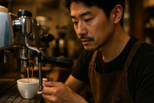 男性バリスタのエスプレッソ抽出 男性バリスタのエスプレッソ抽出の写真