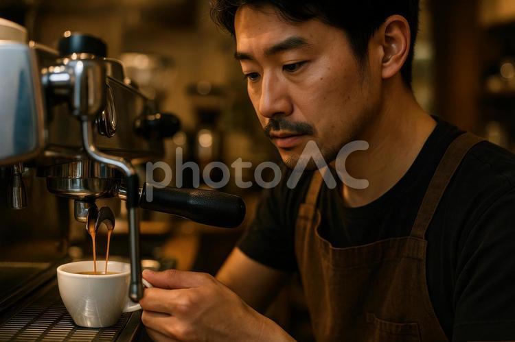 男性バリスタのエスプレッソ抽出 カフェ,バリスタ,エスプレッソの写真素材