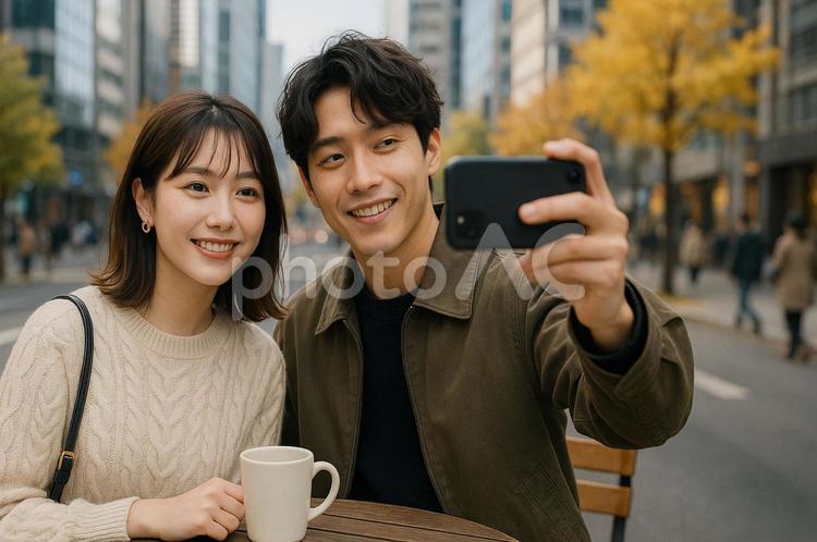テラス席で自撮りする男女 自撮り,スマホ,カップルの写真素材