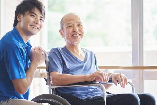 Wheelchair-riding elderly and caregivers, senior citizens, nurses, male, JPG