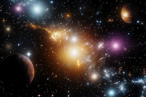 黒い背景に宇宙空間で輝く星と惑星の写真