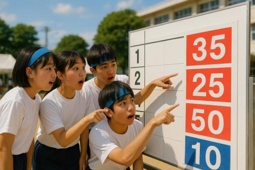 得点表を見つめる中学生たち 得点表を見つめる中学生たちの写真
