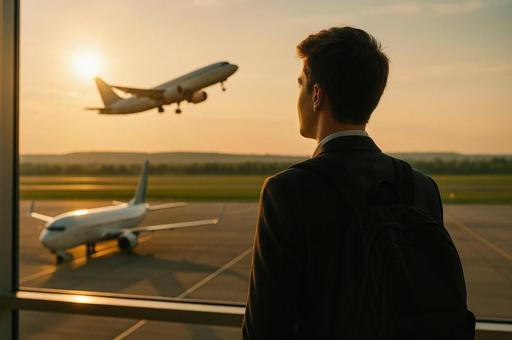 夕暮れ空港の飛行機の写真