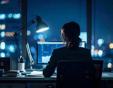 残業が終わらず作業する女性の写真