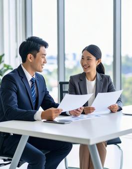 会議で資料を確認する男女 会議で資料を確認する男女の写真