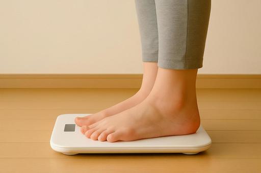 体重計に乗る女性の足元 体重計に乗る女性の足元の写真